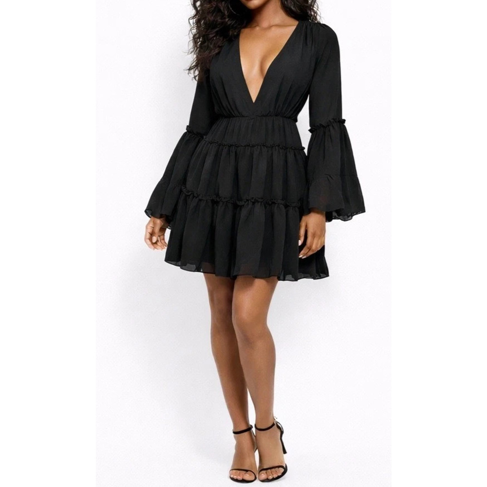 Miss Ord Black Skater Dress SMALL V-Neck Frill Ruffle Hem Whimsigoth Witchy